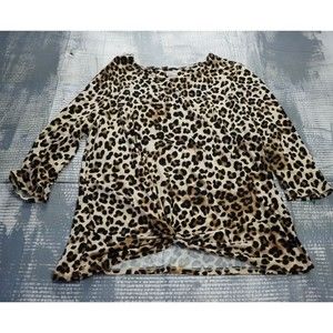 Chicos blouse womens XL brown Cheetah print twist front jersey shirt 3/4 sleeve